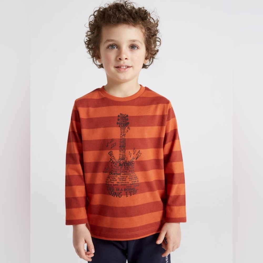 Size 8 Boys Mayoral Striped Tee with Guitar Graphic